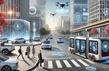 Aidinat_Locadina_Convegno_trasporto_passeggeri_pedoni Una scenda di una città del futuro dove si vedono mezzi intelligenti al supporto del trasporto pubblico, con una visione dei cittadini al centro della mobilità nelle smartcity