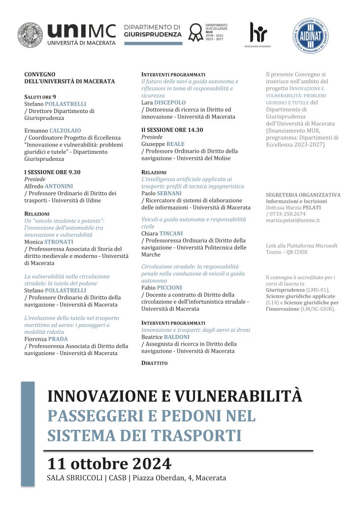 Locandina ufficiale del Convegno AIDINAT su Innovazione e vulnerabilità: passeggeri e pedoni nel sistema dei trasporti
